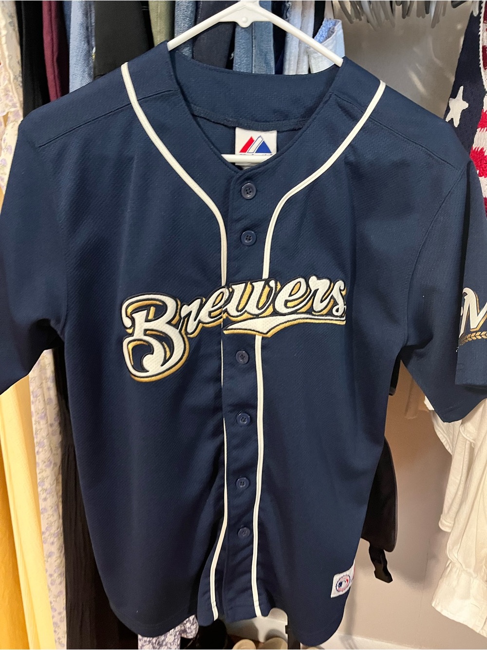 Majestic Navy, White and Gold Brewers Button-Up Jersey